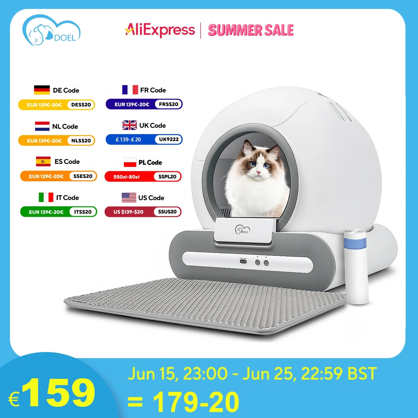 Automatic Cat Litter Box Self-Cleaning with App Control & Cat Litter Mat Smart Cat Toilet for Multiple Large Cats