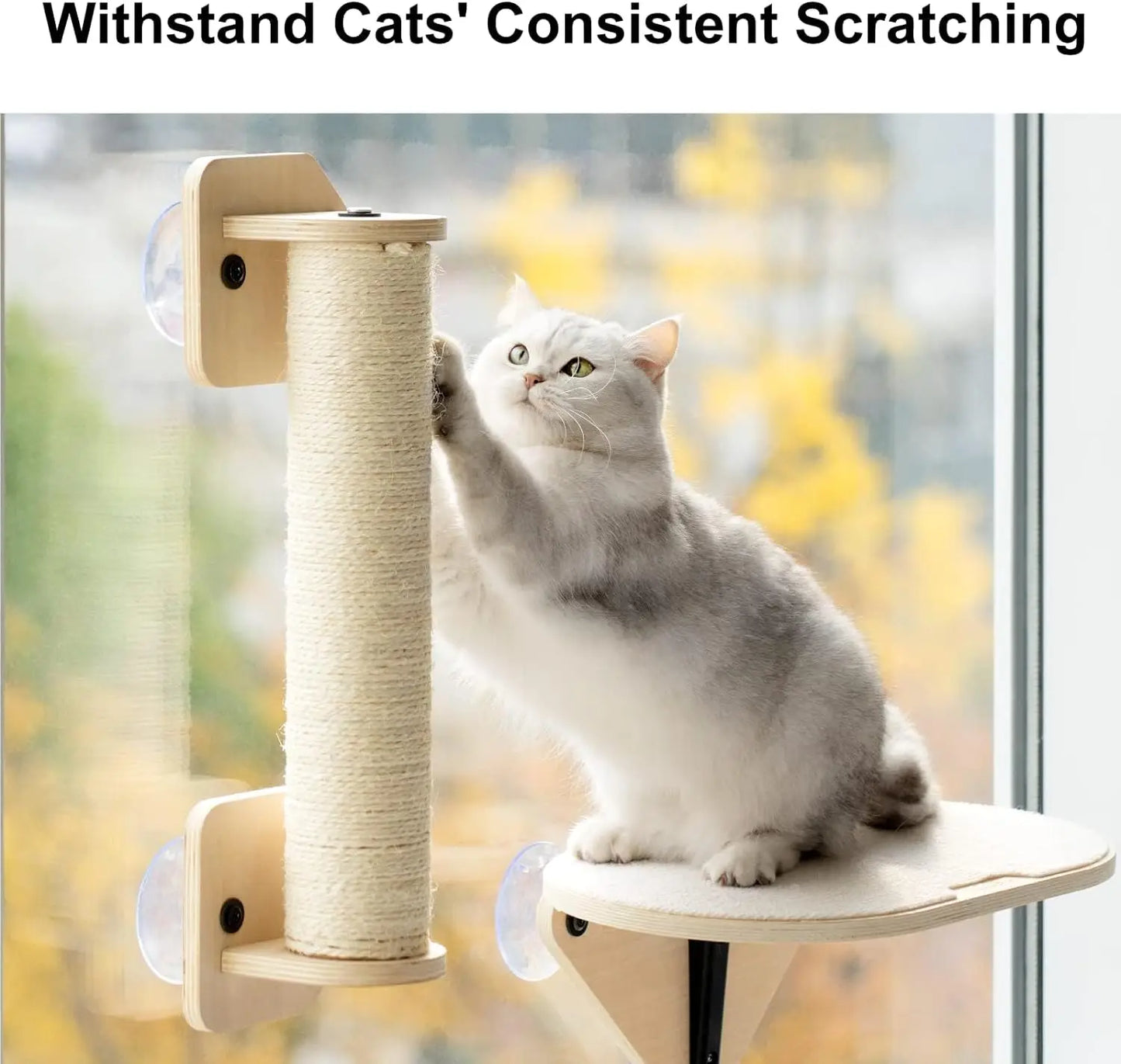 Cat Window Perch Hammock with Climbing Steps and Scratching Post Wooden Window Mounted Cat Bed for Indoor Cats