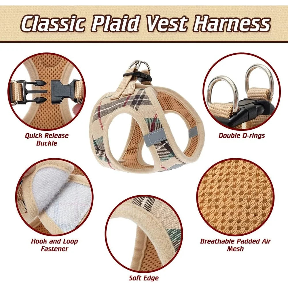 Classic Plaid Dog Harness Leash Collar Set Soft Padded Small Dog Vest Adjustable with AirTag Holder Walking Training