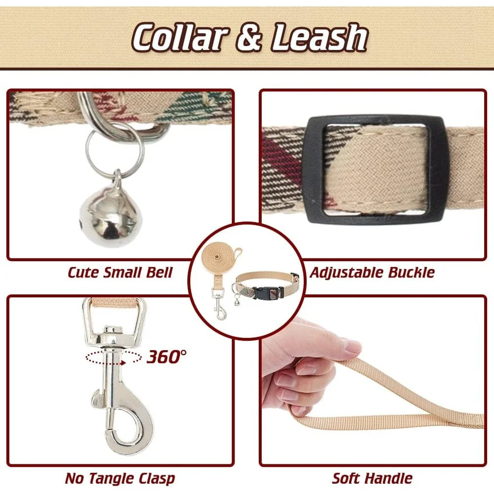Classic Plaid Dog Harness Leash Collar Set Soft Padded Small Dog Vest Adjustable with AirTag Holder Walking Training