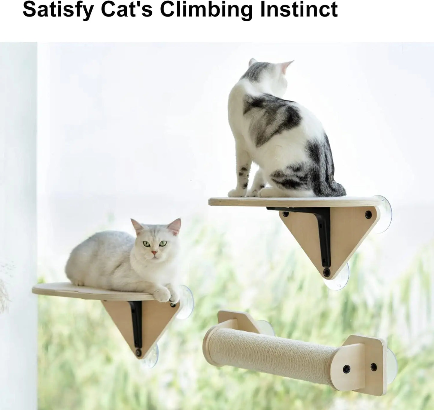 Cat Window Perch Hammock with Climbing Steps and Scratching Post Wooden Window Mounted Cat Bed for Indoor Cats