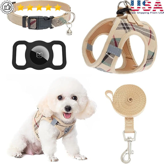 Classic Plaid Dog Harness Leash Collar Set Soft Padded Small Dog Vest Adjustable with AirTag Holder Walking Training