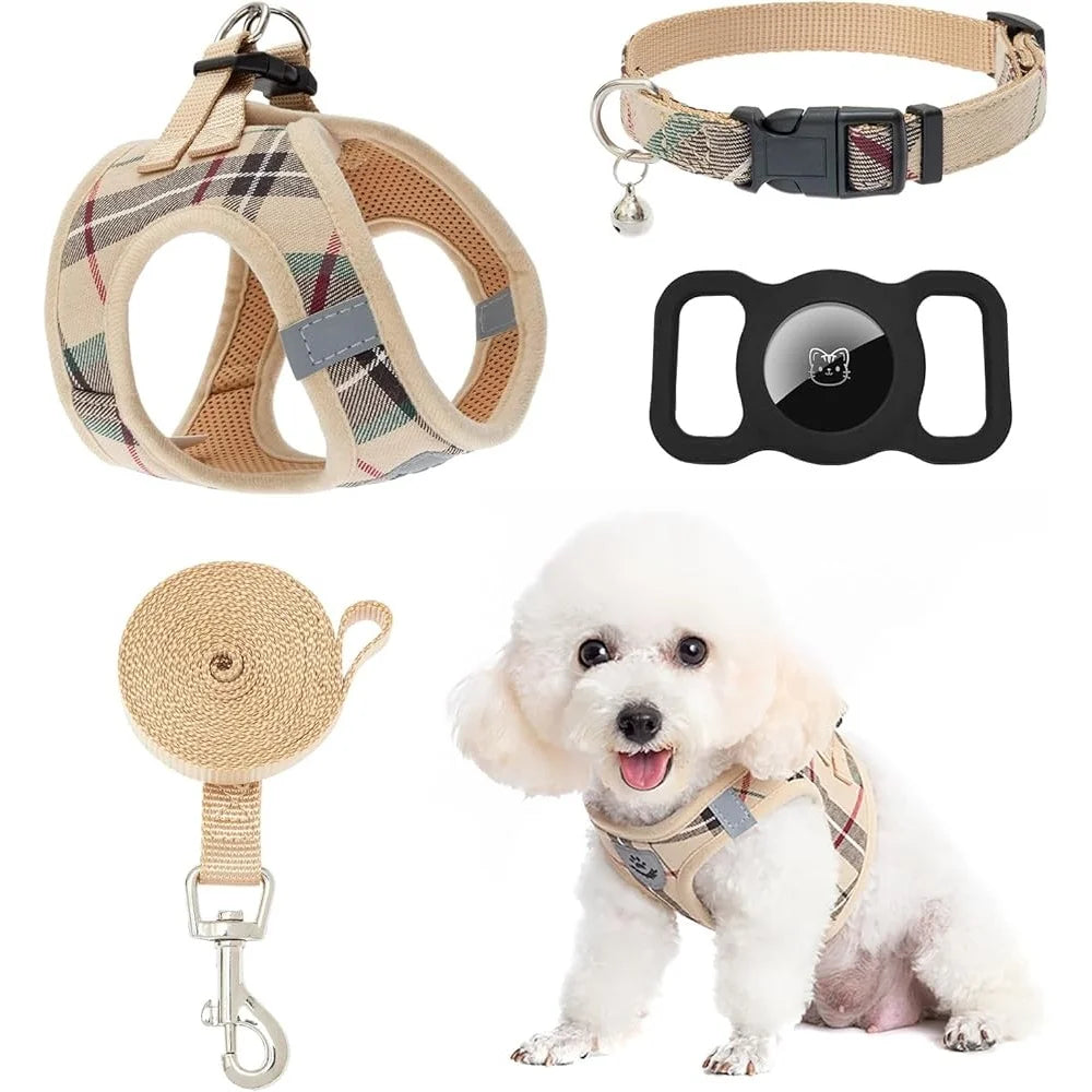 Classic Plaid Dog Harness Leash Collar Set Soft Padded Small Dog Vest Adjustable with AirTag Holder Walking Training
